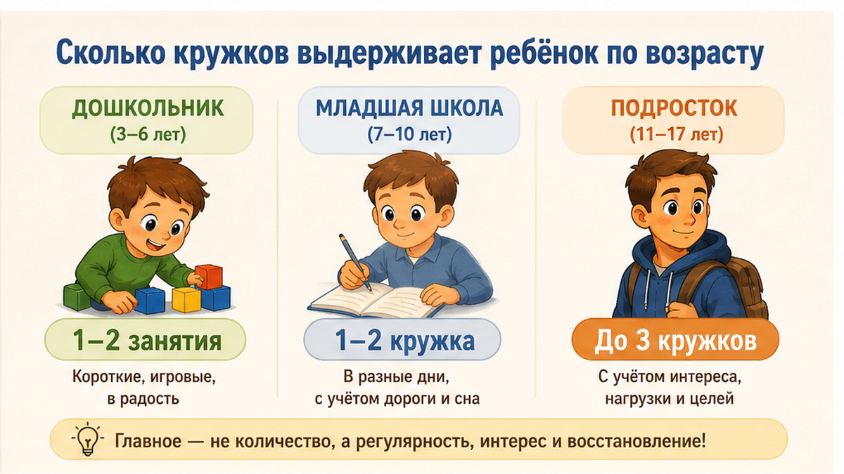 Инфографика: сколько кружков выдерживает ребёнок по возрасту