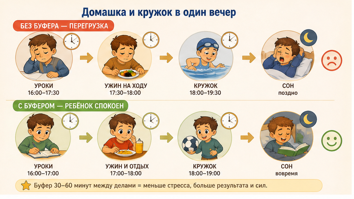 Схема: как совместить домашку и кружок в один вечер без перегруза