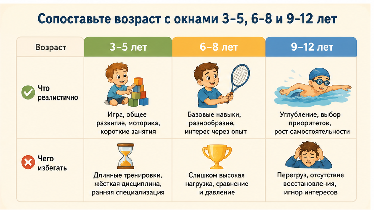 Таблица возрастных окон 3-5, 6-8 и 9-12 лет для выбора секции
