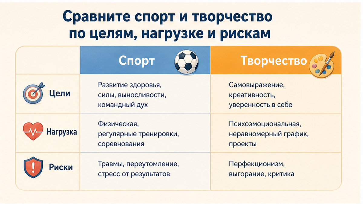 Таблица сравнения спорта и творчества: цели, нагрузка, стоимость, риски