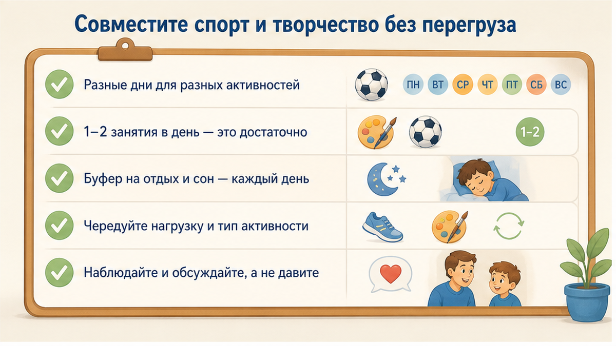 Схема комбинирования спорта и творчества: один спорт плюс одно творчество в разные дни