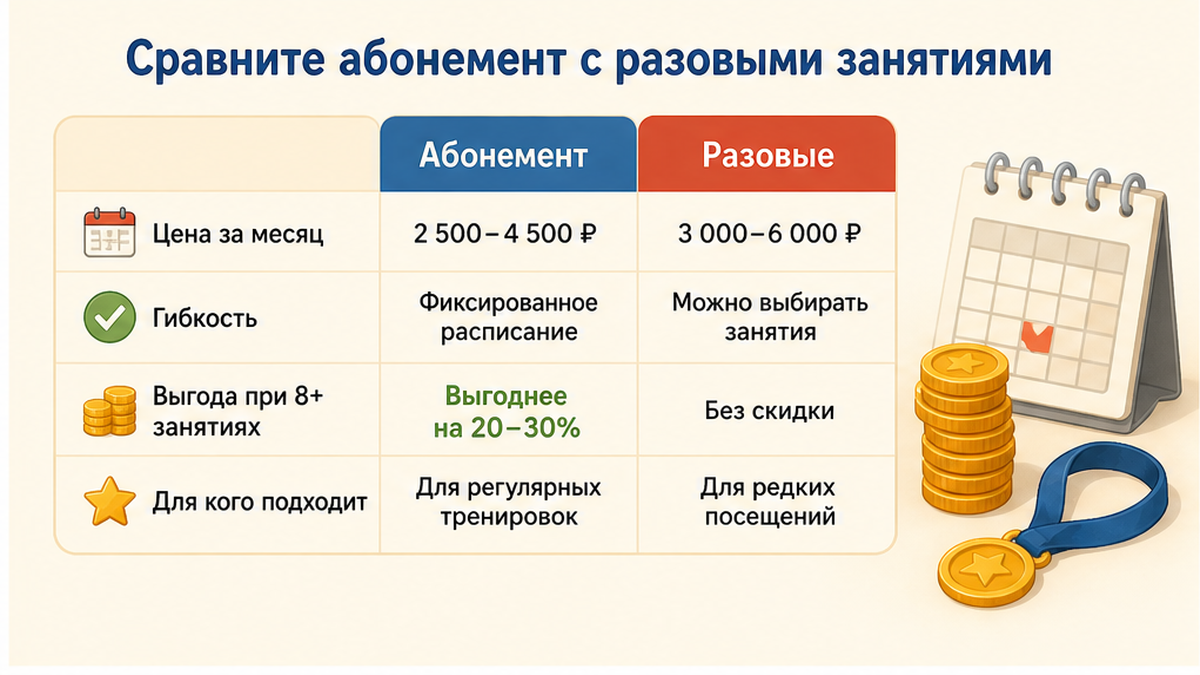 Сравнение абонемента и разовых занятий в детской секции