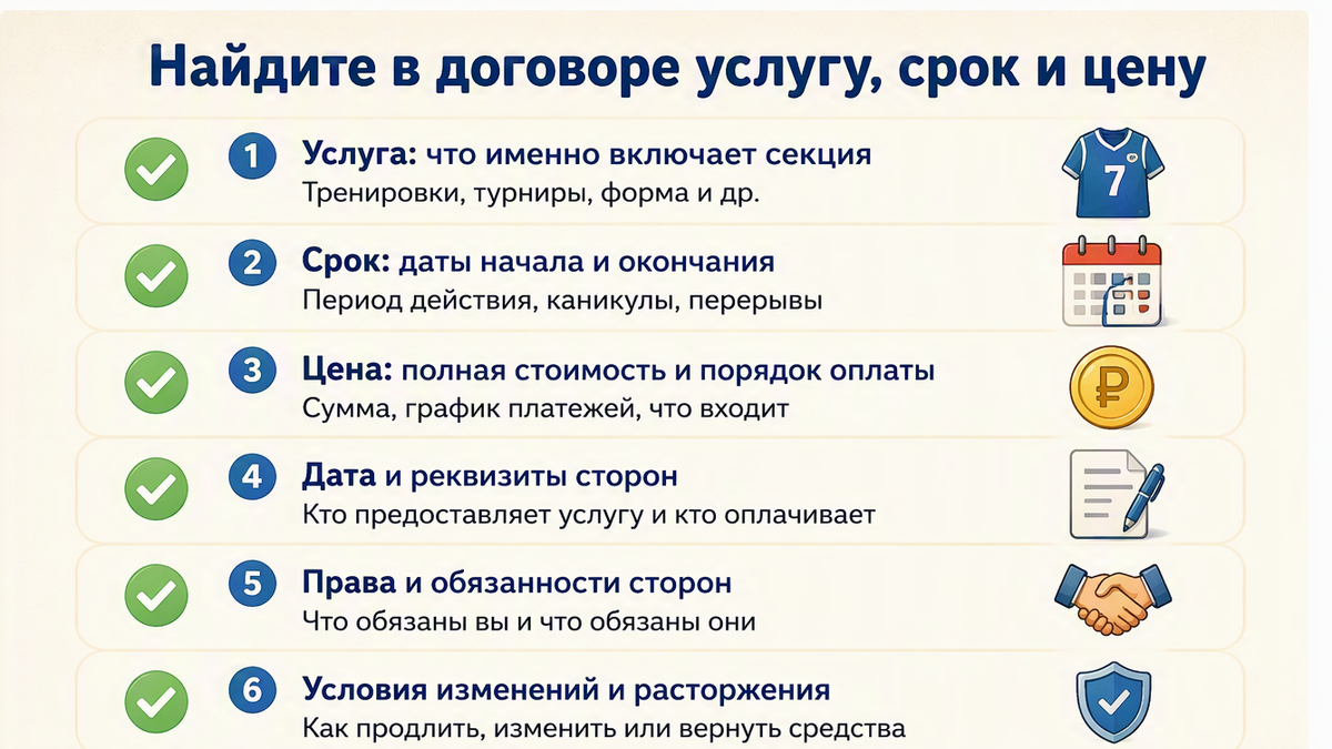 Чек-лист: услуга, срок и цена в договоре секции