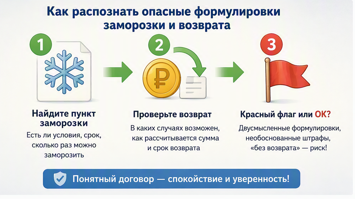 Схема: как проверить заморозку и возврат в договоре