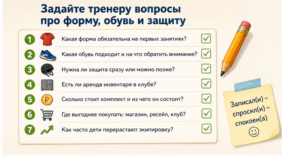 Чек-лист вопросов тренеру про форму, обувь и защиту