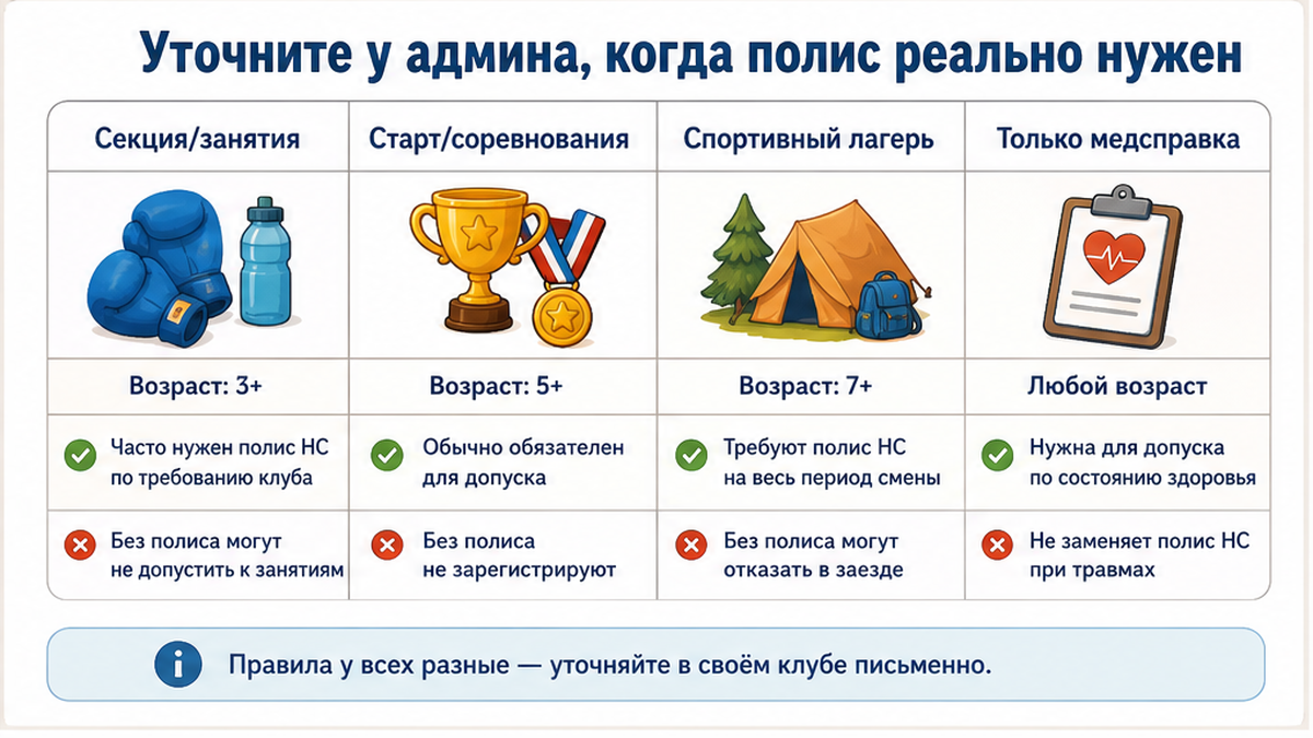 Таблица: когда полис НС нужен — секция, старт, лагерь или только справка