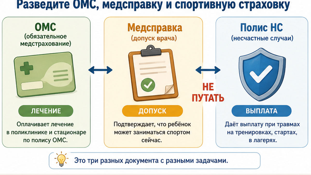 Инфографика: ОМС, медсправка и спортивная страховка НС — три разные роли