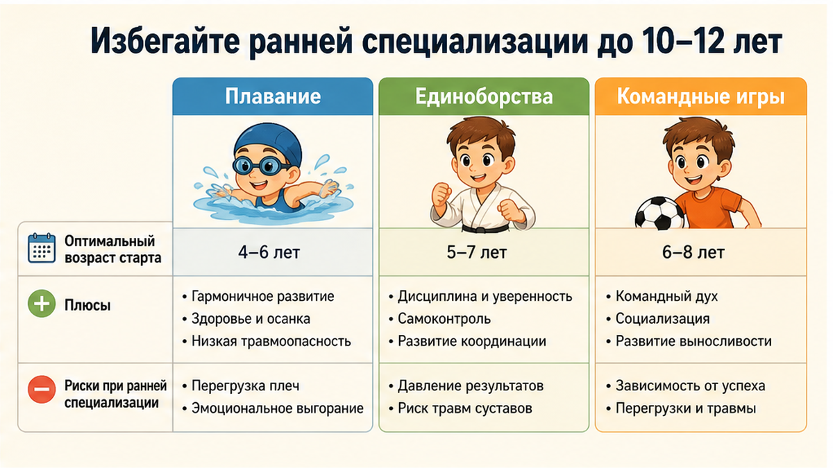 Сравнение: ранняя специализация против пробы 2–3 видов до 10–12 лет