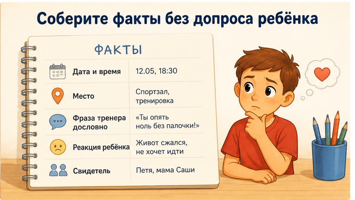Блокнот-карточка: дата, фраза тренера, реакция ребёнка