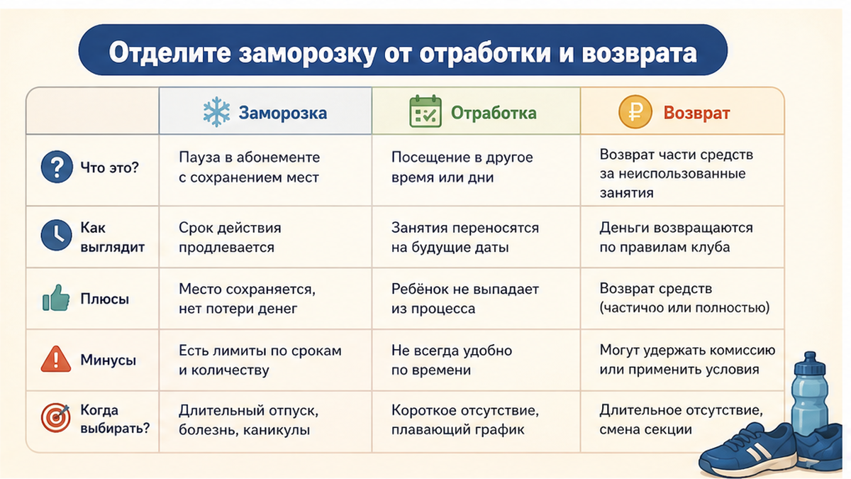 Три карточки: заморозка, отработка пропуска, возврат денег