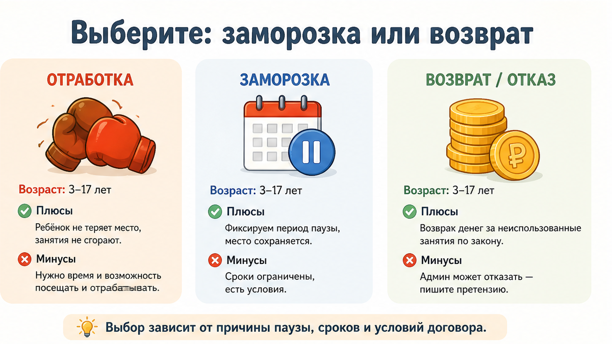 Сравнение: отработка, заморозка и возврат абонемента