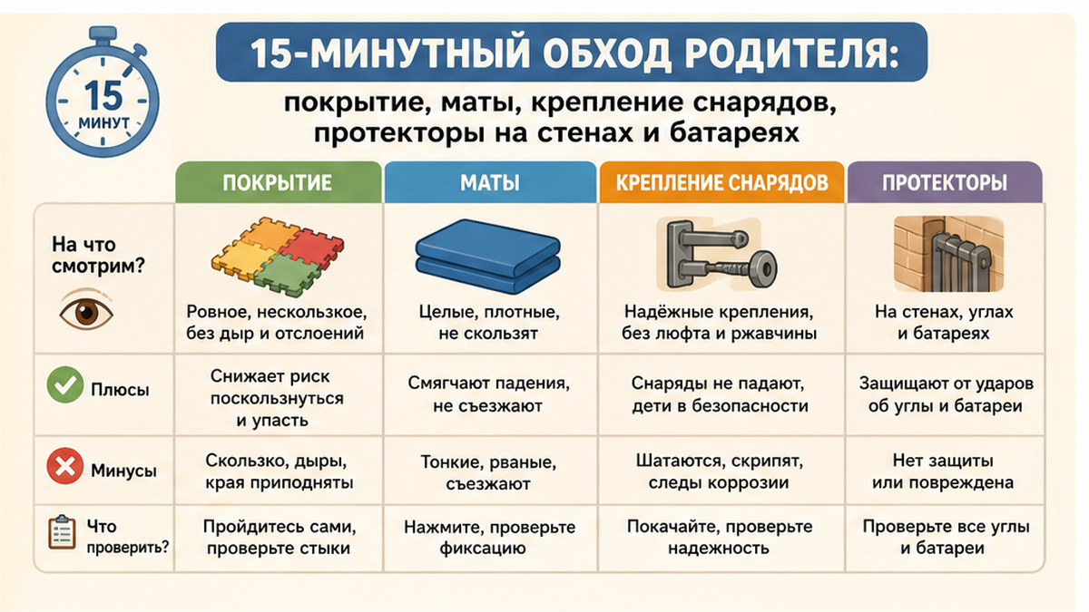 Сравнение направлений: 15-минутный обход родителя: покрытие, маты, крепление снарядов, протекторы на стенах и батареях