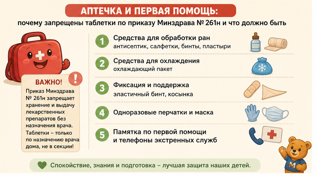 Чек-лист для родителя: Аптечка и первая помощь: почему запрещены таблетки по приказу Минздрава № 261н и что должно быть