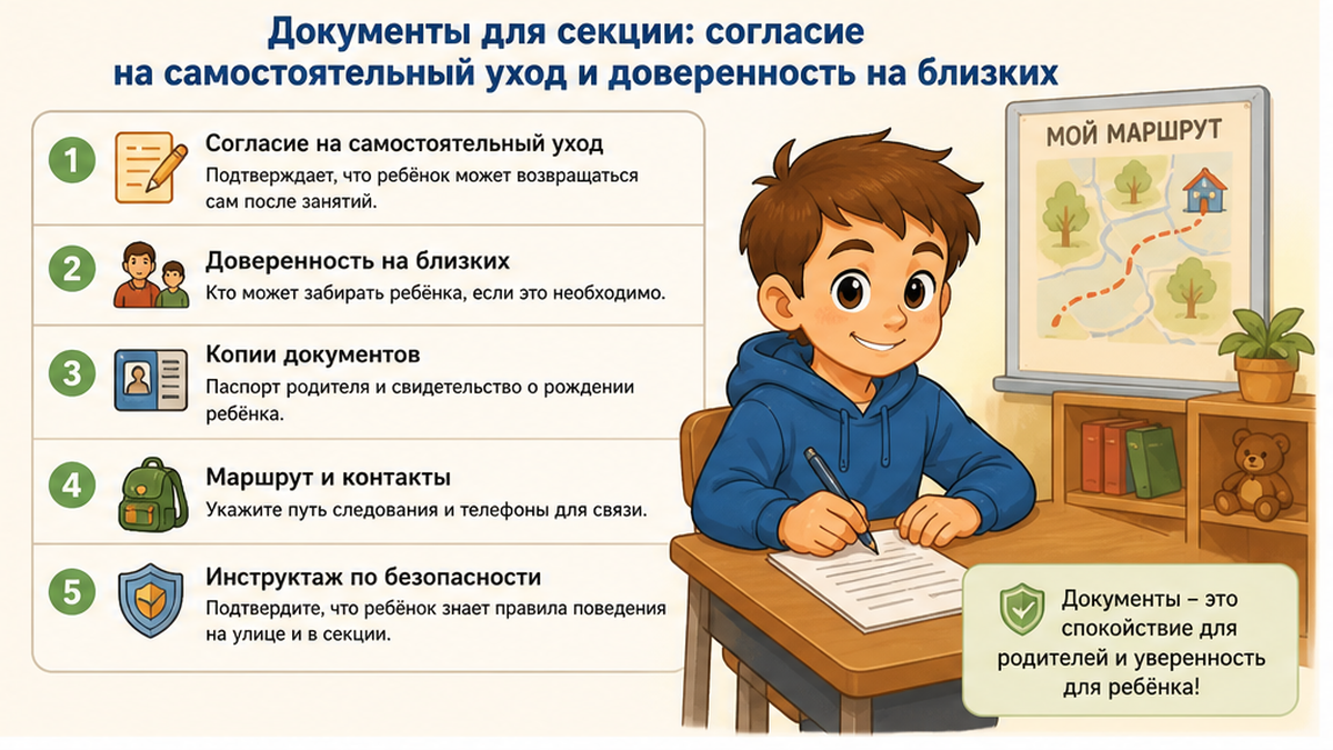 Чек-лист для родителя: Документы для секции: согласие на самостоятельный уход и доверенность на близких