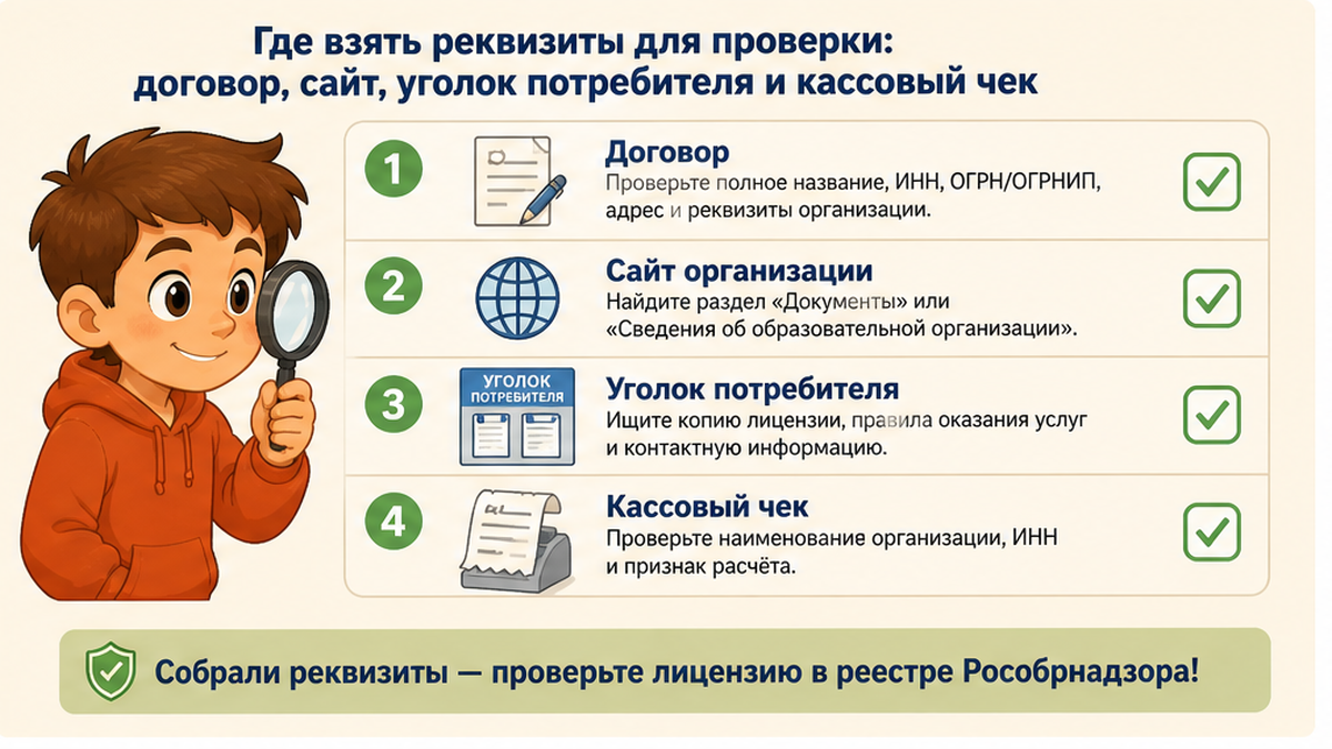 Чек-лист для родителя: Где взять реквизиты для проверки: договор, сайт, уголок потребителя и кассовый чек