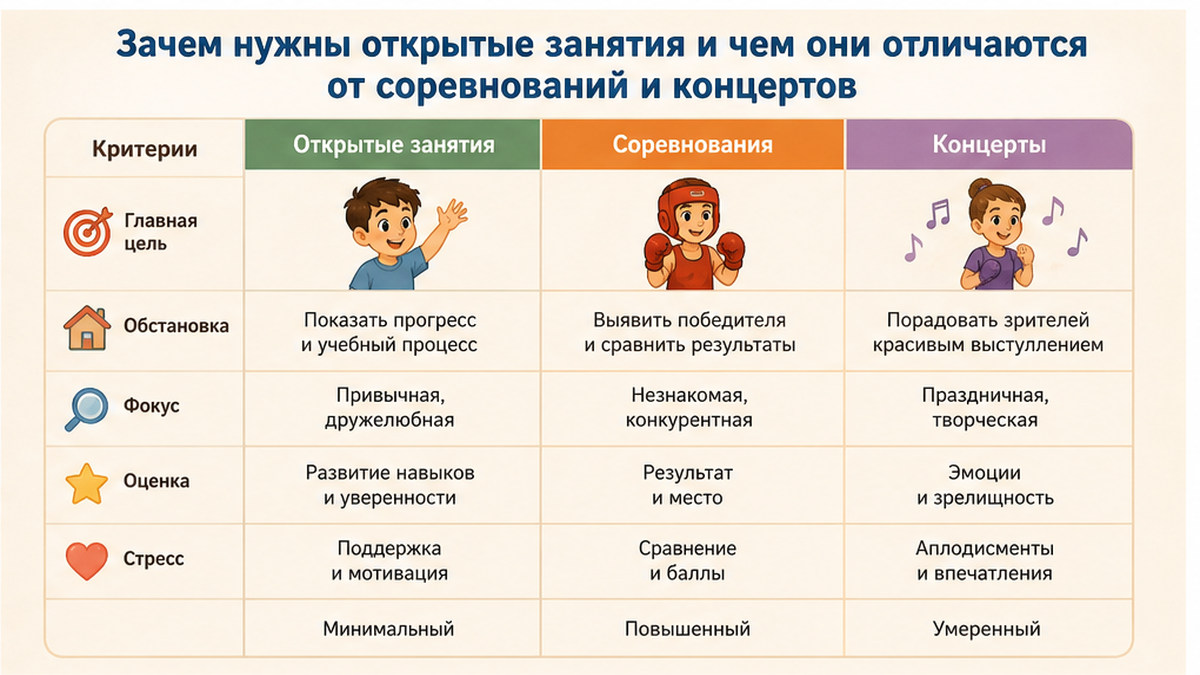 Сравнение направлений: Зачем нужны открытые занятия и чем они отличаются от соревнований и концертов