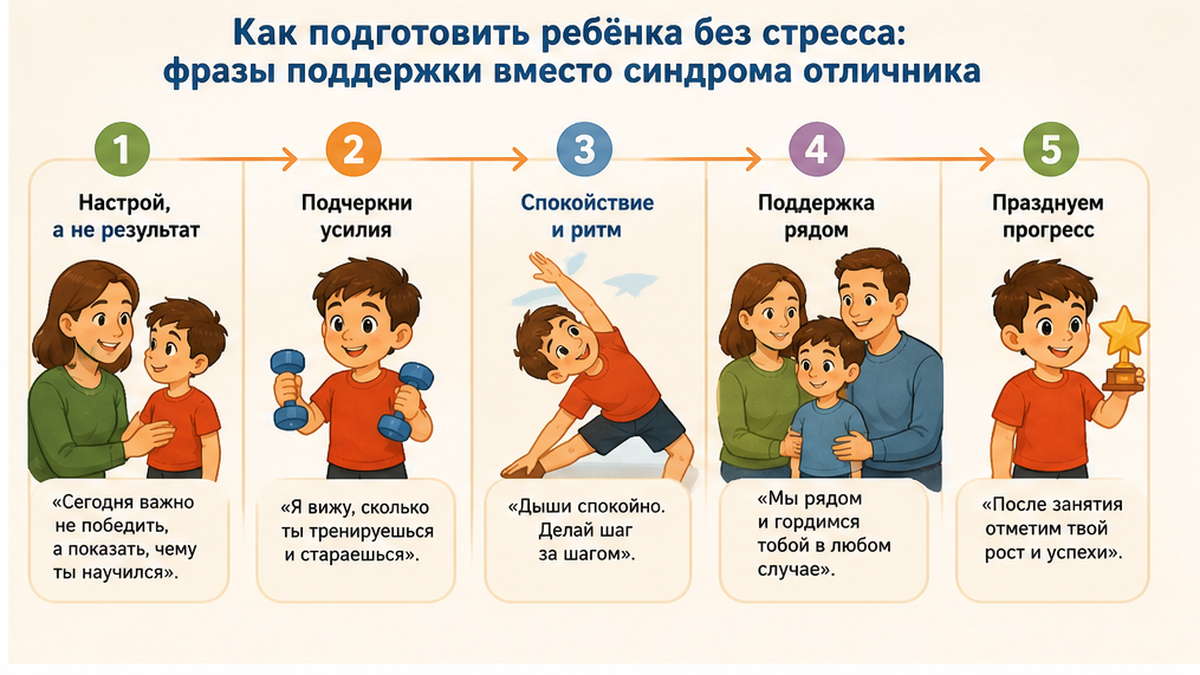 Схема шагов для родителя: Как подготовить ребёнка без стресса: фразы поддержки вместо синдрома отличника