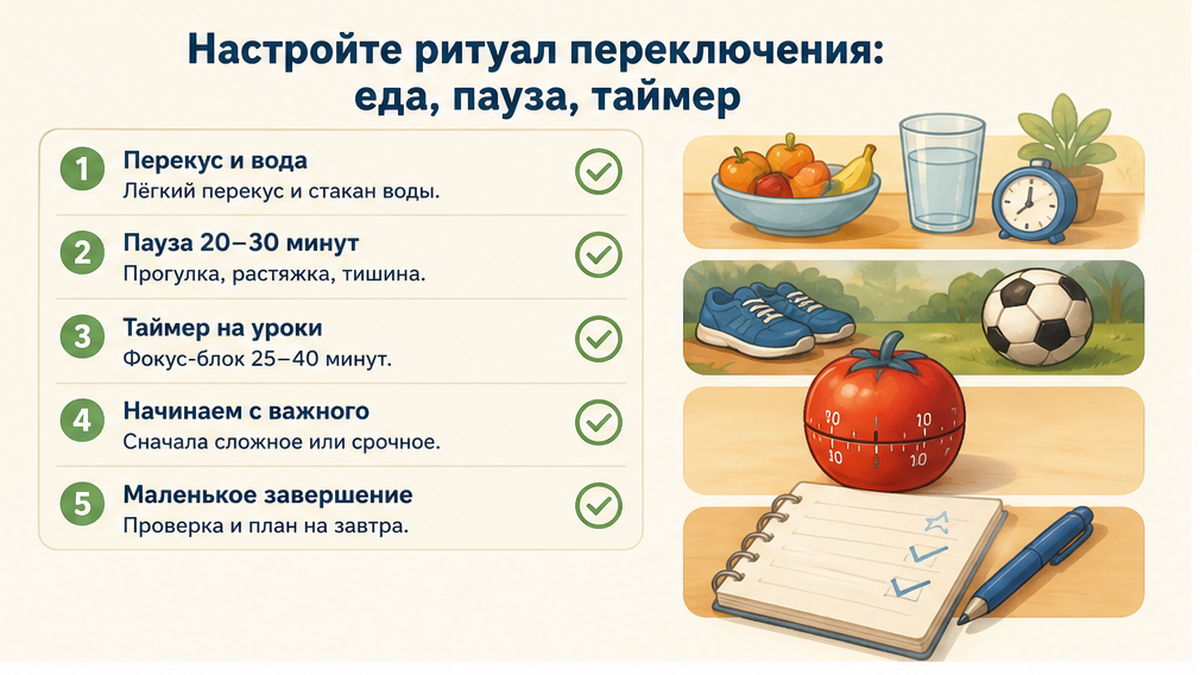 Чек-лист ритуала переключения: еда, пауза, таймер