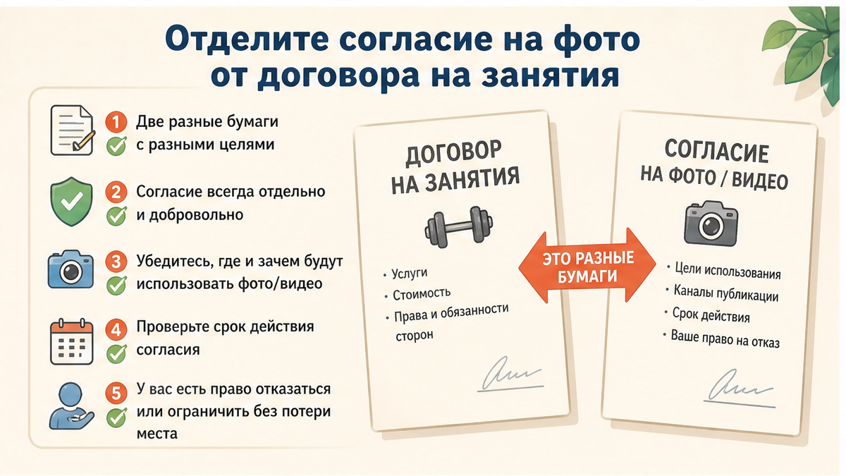 Чек-лист: согласие на фото отдельно от договора на занятия