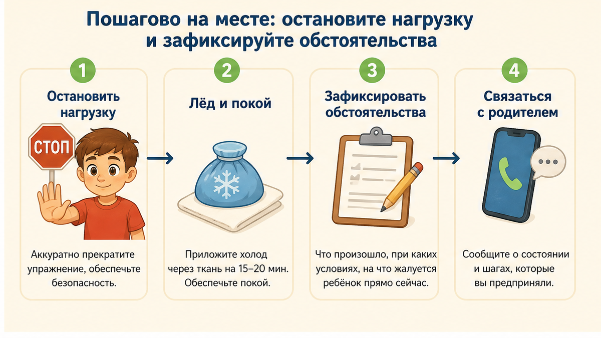 Схема шагов на месте после травмы ребёнка на тренировке