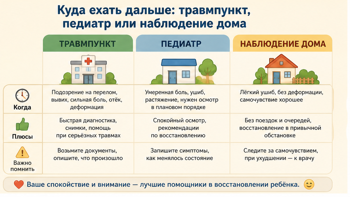 Сравнение: травмпункт, педиатр или наблюдение дома после травмы