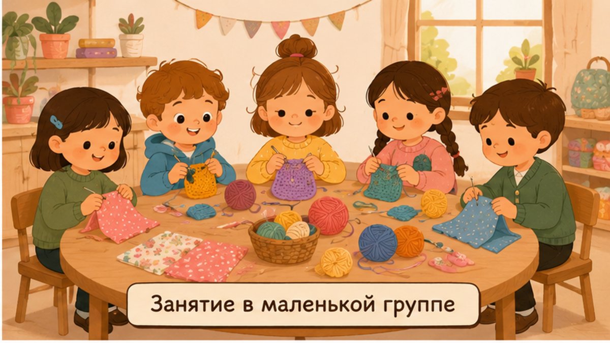 Группа детей на занятии рукоделием сидит за общим столом с материалами