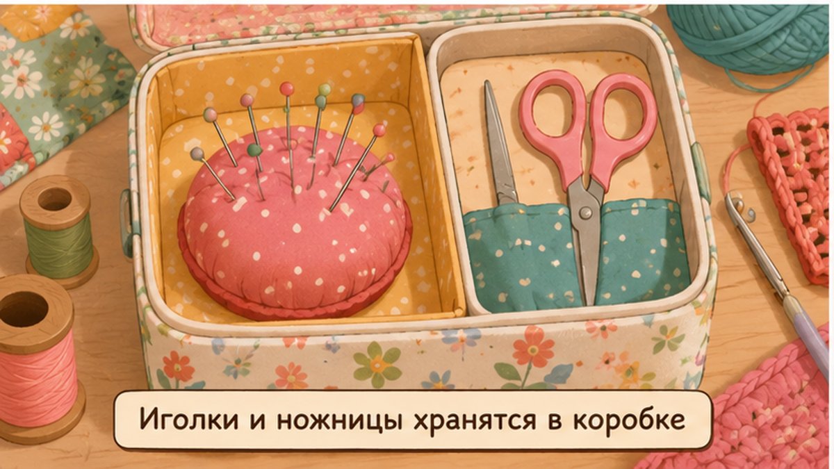 Рабочее место ребёнка с аккуратно разложенными инструментами для шитья в закрытой коробке