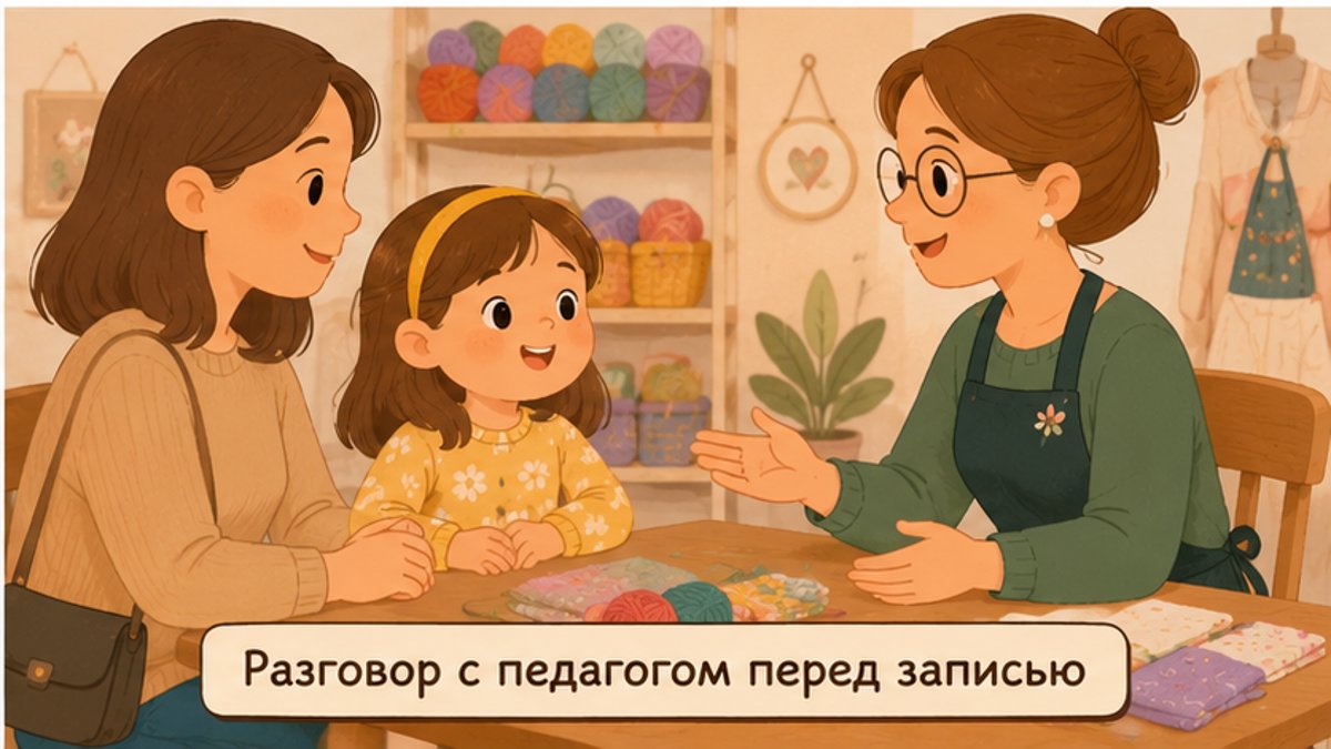 Родитель с ребёнком разговаривает с педагогом рукоделия перед пробным занятием