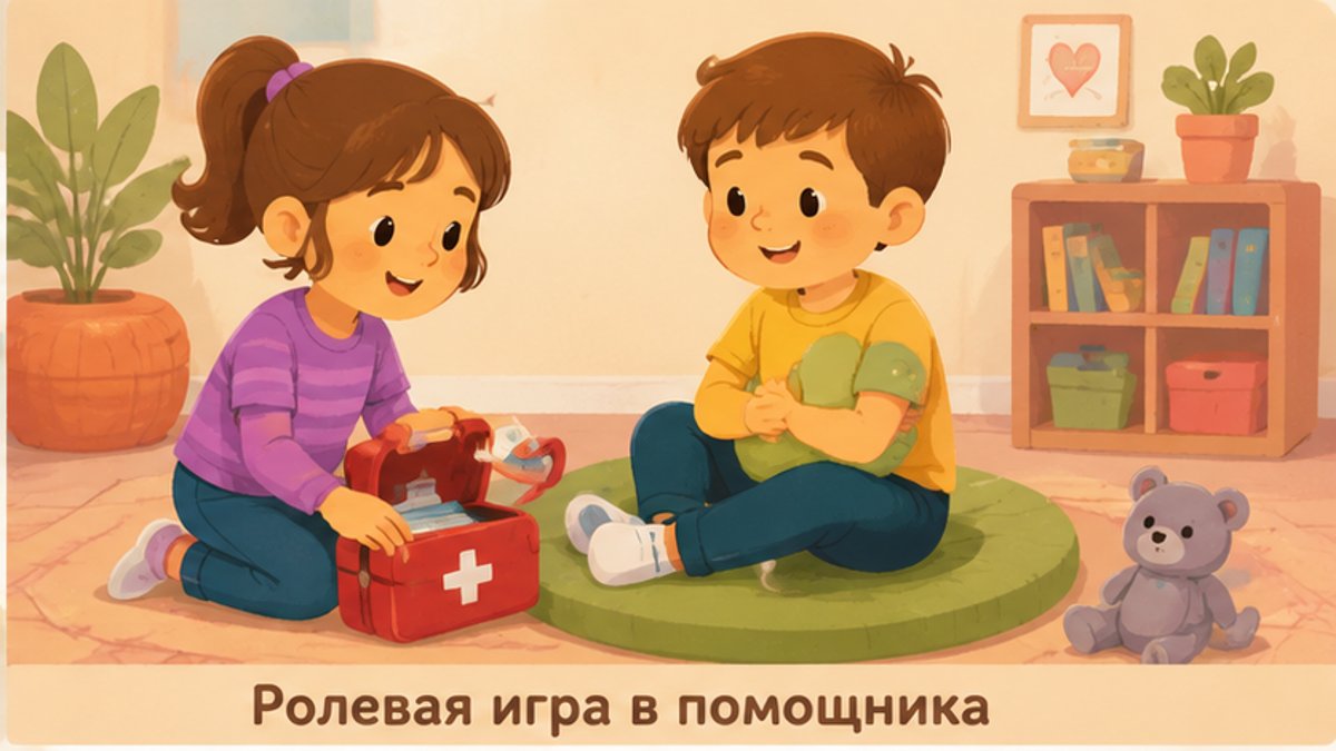 Дети в ролевой игре по очереди играют роль пострадавшего и помощника на тренировочном занятии