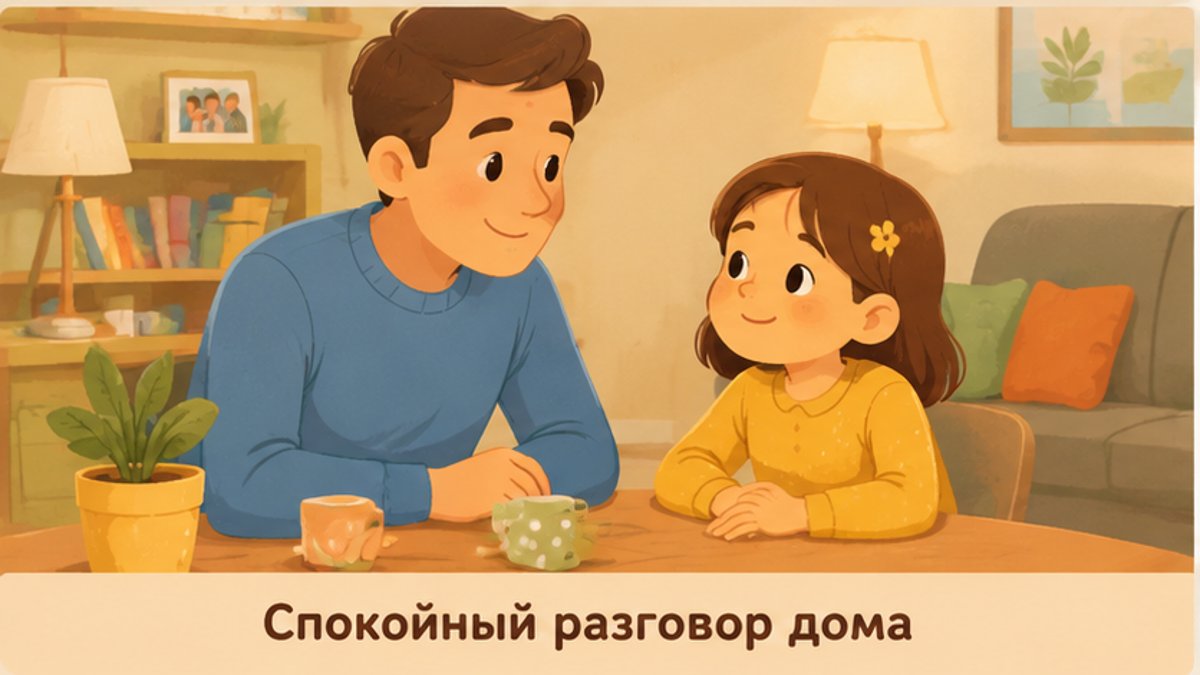 Родитель спокойно разговаривает с ребёнком о правилах безопасности за столом