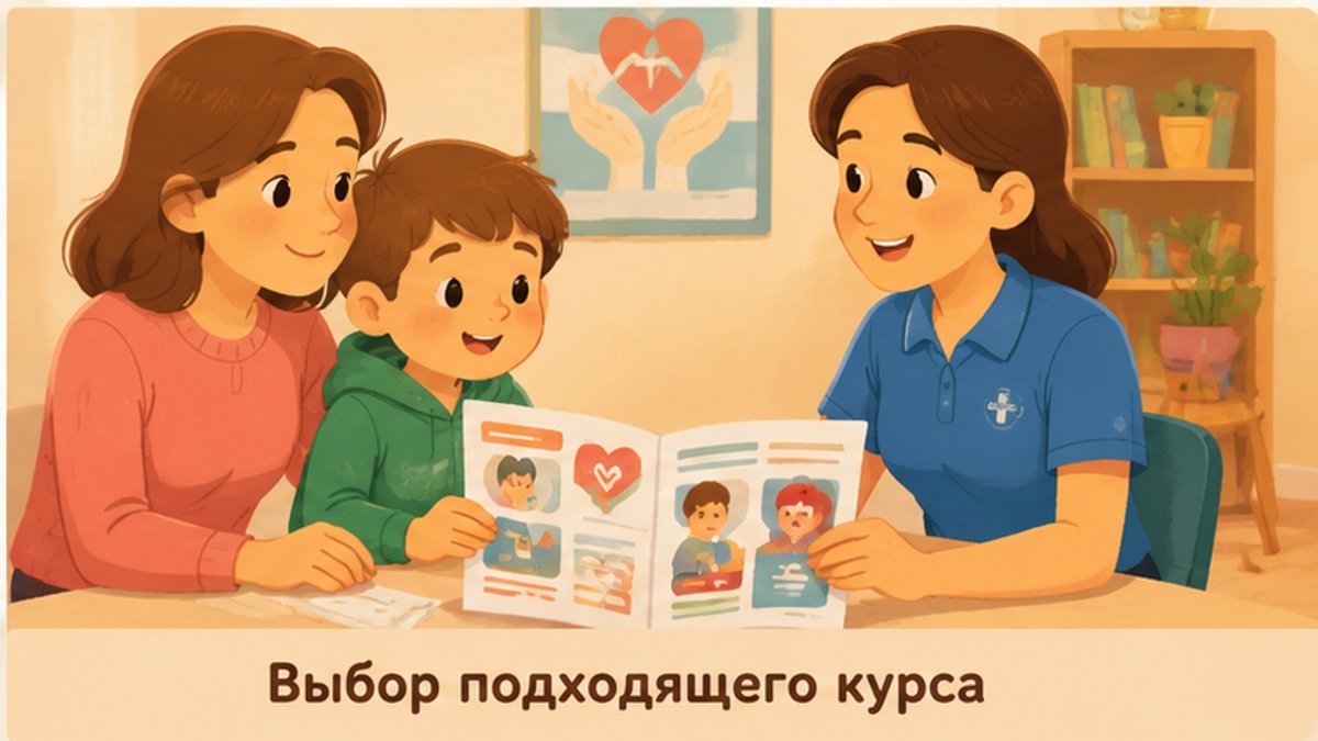 Родитель с ребёнком изучают программу курса первой помощи перед записью