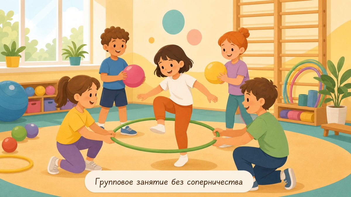 Группа детей в спортивном зале занимается ОФП с инвентарём под руководством тренера