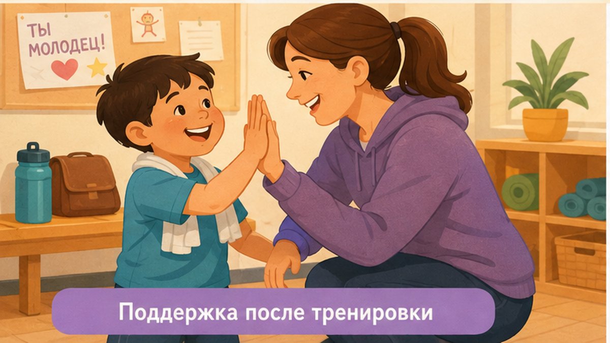 Родитель с улыбкой поддерживает ребёнка после занятия физической подготовкой