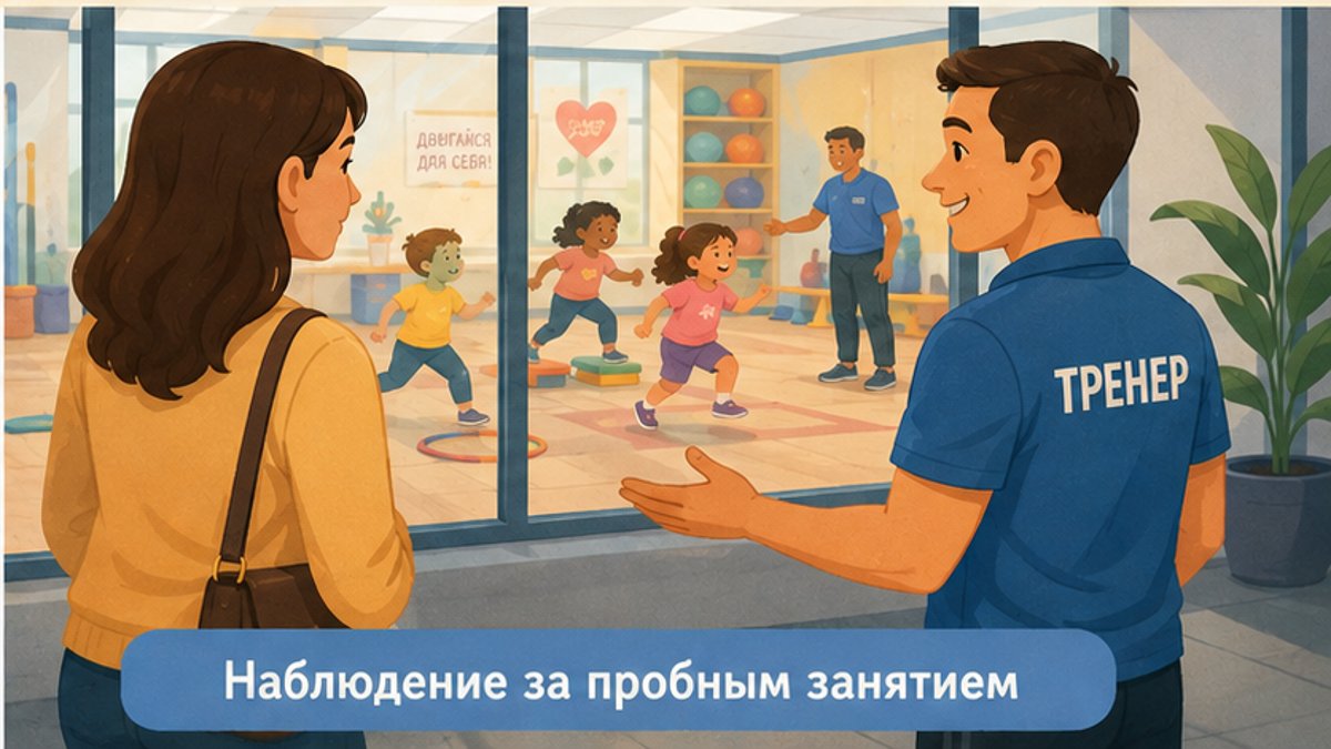 Родитель наблюдает за пробным занятием ребёнка по ОФП в спортивном зале