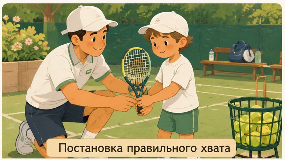 Тренер показывает ребёнку правильный хват теннисной ракетки на корте