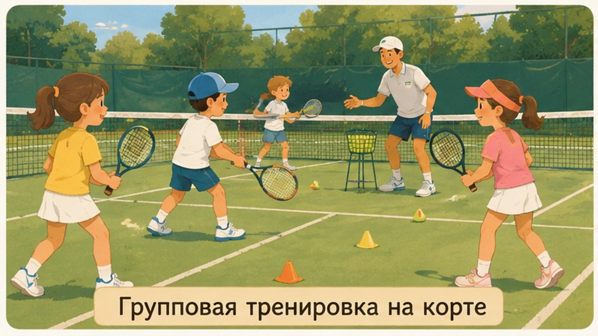 Группа детей на теннисном корте отрабатывает удары в паре с тренером
