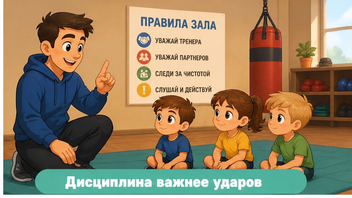 Тренер объясняет детям правила контроля и дисциплины перед тренировкой по боксу