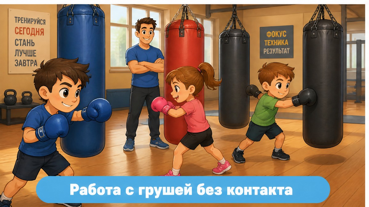 Группа детей отрабатывает удары по груше в спортивном зале под руководством тренера