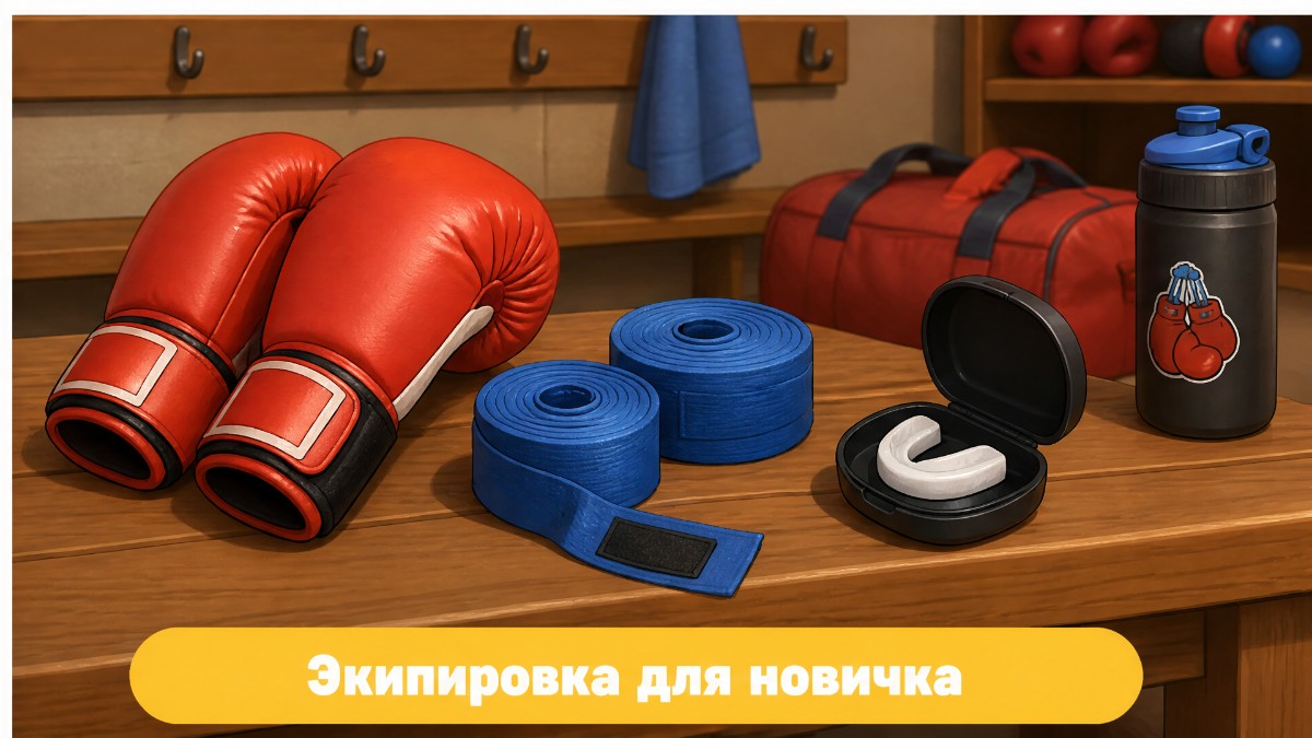 Детские боксёрские перчатки и бинты аккуратно разложены на скамейке в спортивном зале